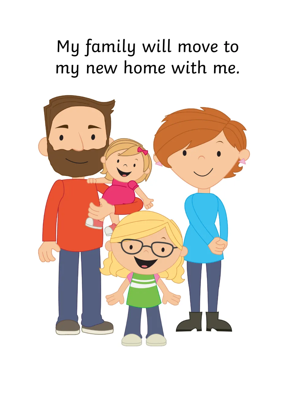 Family page: text says my family will move to my new home with me, shown with a man, a woman and two girls