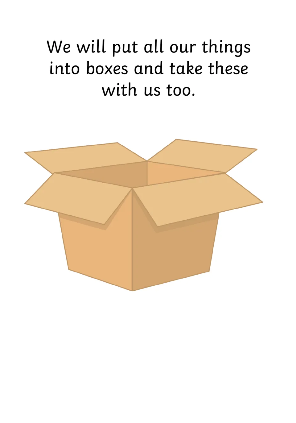 Packing page: text explains that all our things go into boxes to take along, shown with an open cardboard box