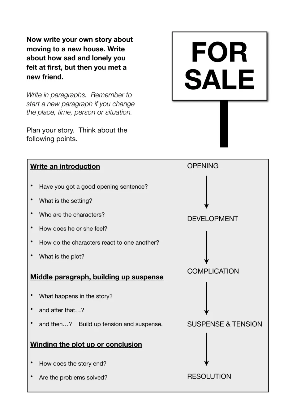 Plan your own story about moving to a new house and making a friend, with prompts from opening to resolution