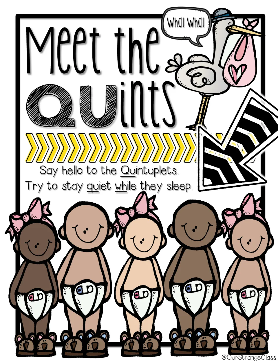 Meet the QUints poster: five quintuplet babies and a stork, with qu underlined in Quintuplets and quiet, wh in while