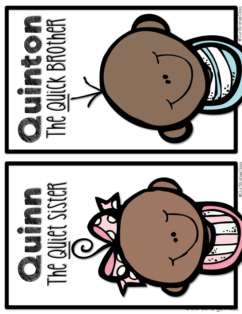 Half-page name cards for Quinton the Quick Brother and Quinn the Quiet Sister, each baby picture with qu underlined