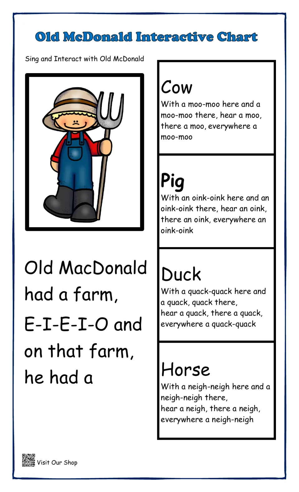 Old McDonald interactive song chart: farmer picture, song lyrics and verse cards for cow, pig, duck and horse sounds