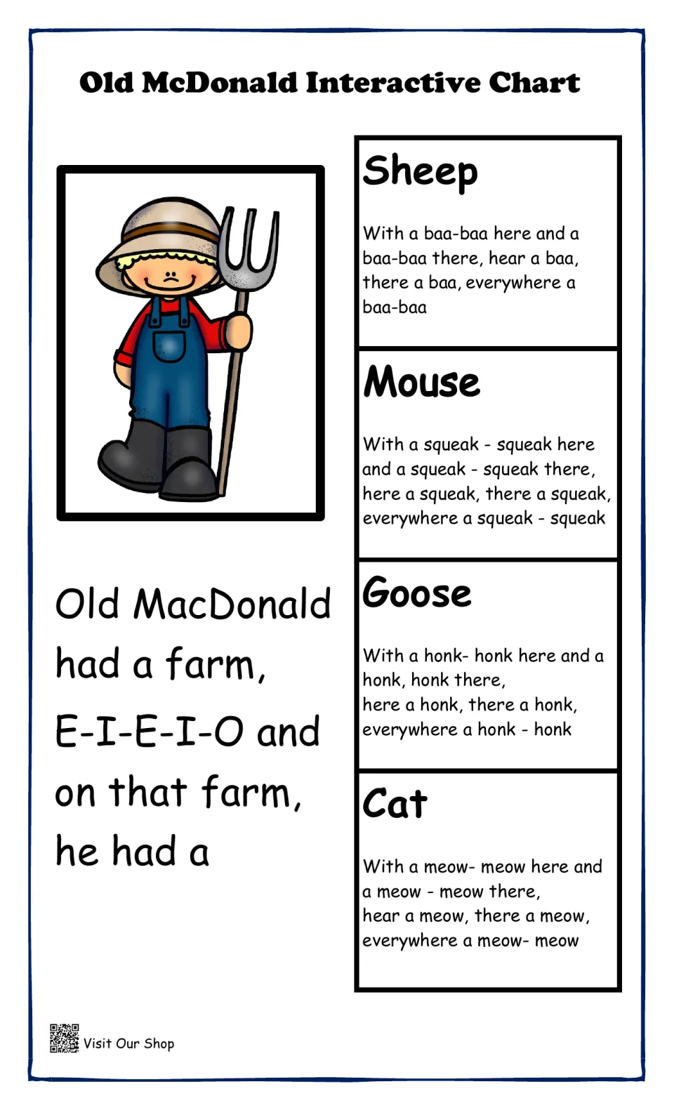 Old McDonald song chart continued: verse cards for sheep baa, mouse squeak, goose honk and cat meow beside the lyrics