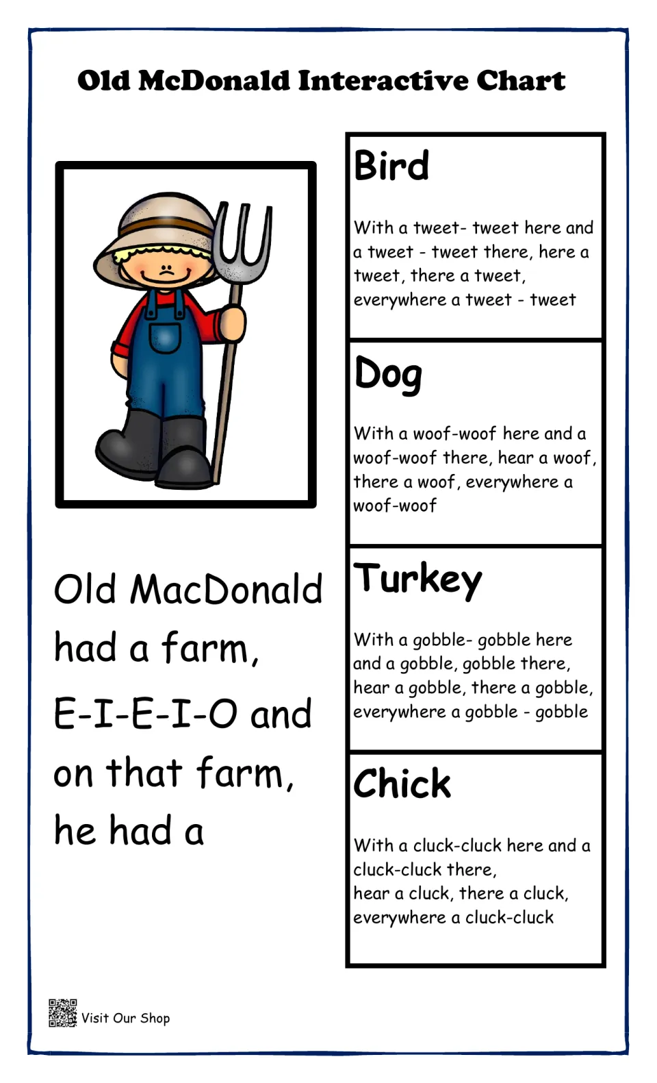 Old McDonald song chart: verse cards for bird tweet, dog woof, turkey gobble and chick cluck next to the farmer and lyrics