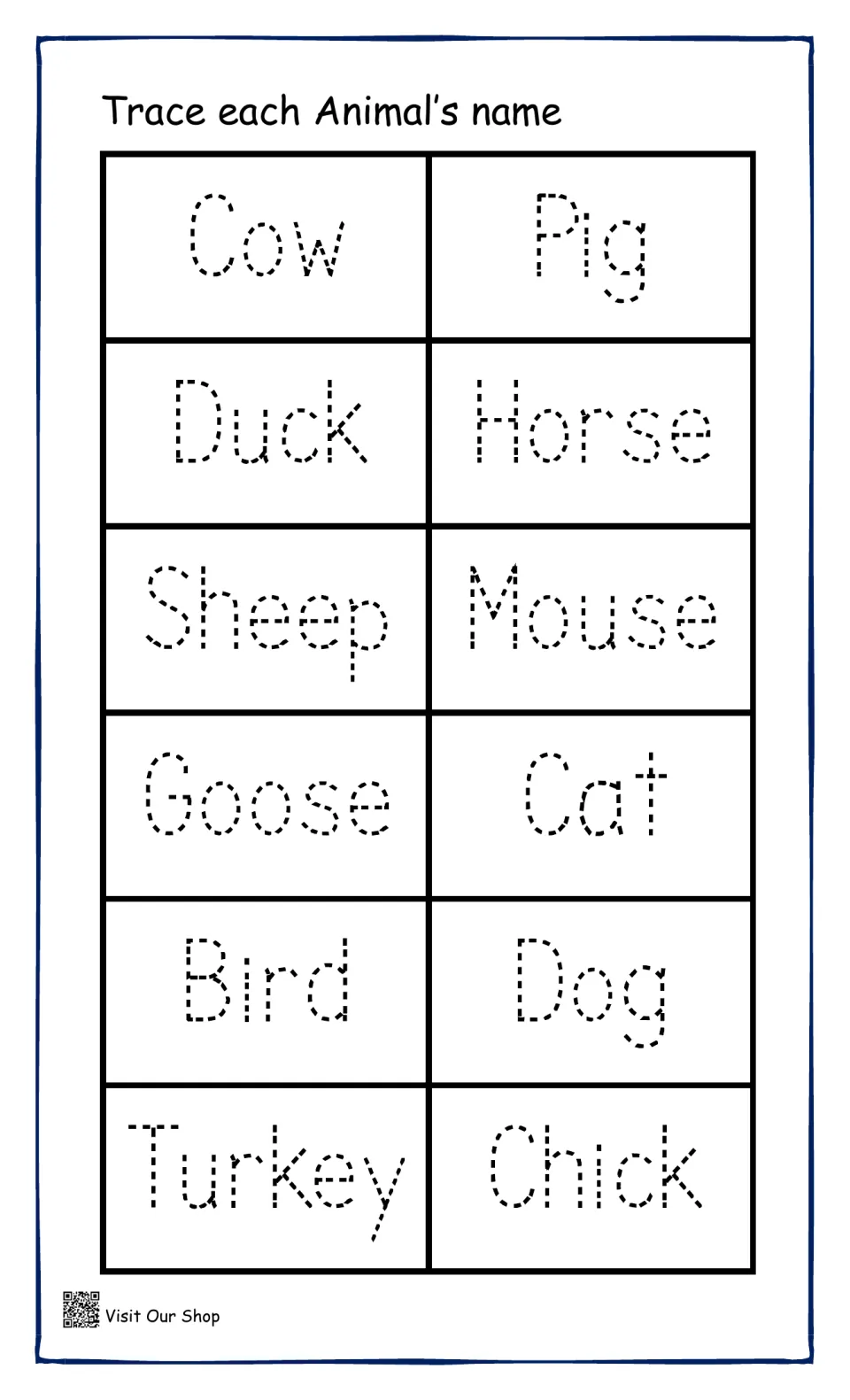 Animal name tracing: students trace dotted words for 12 farm animals, from cow, pig and duck to turkey and chick