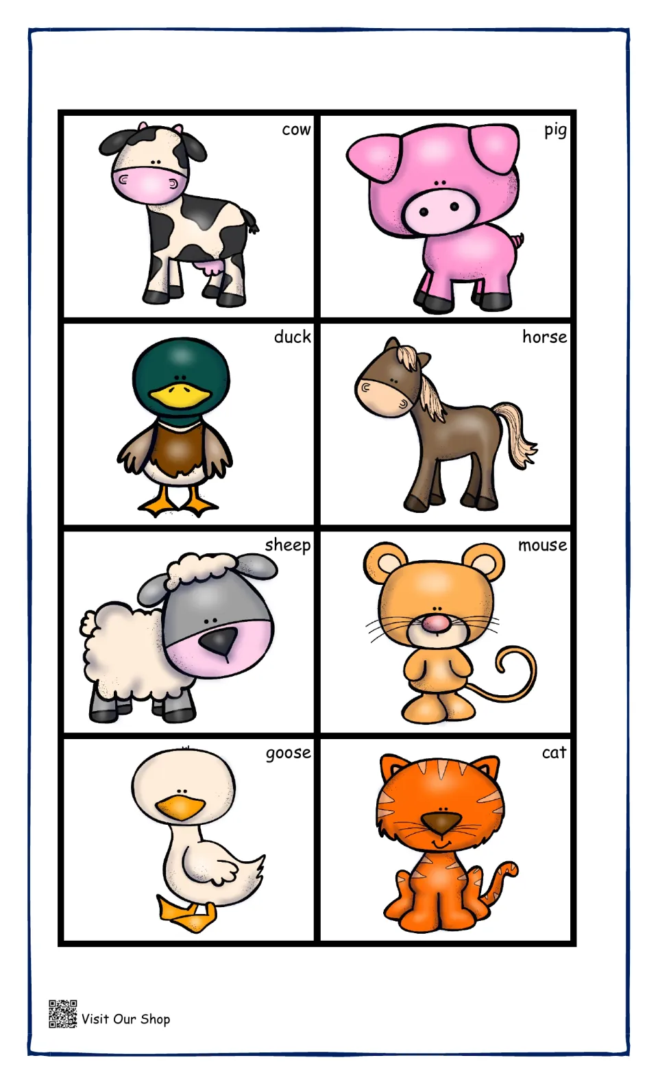 Farm animal picture cards labeled cow, pig, duck, horse, sheep, mouse, goose and cat, for cutting out to use with the song