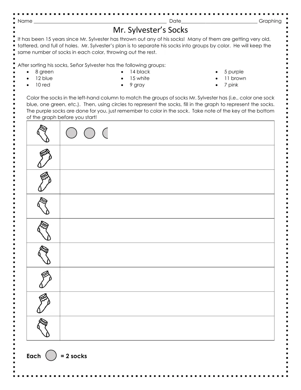 Sock pictograph activity: represent nine color groups with circles, using one circle for every 2 socks.