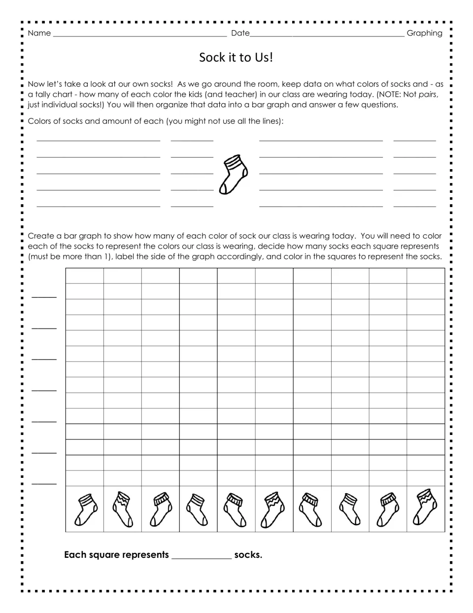 Sock it to Us! data activity: tally classmates' sock colors and create a bar graph using a scale above 1.