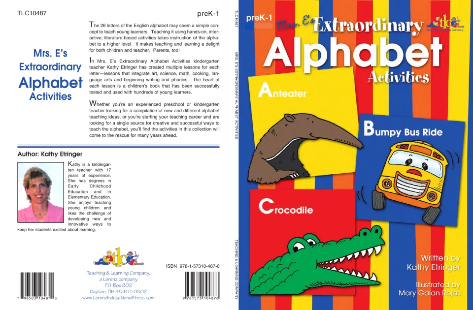 Mrs. E's Extraordinary Alphabet Activities book cover, preK-1, showing Anteater, Bumpy Bus Ride and Crocodile lessons