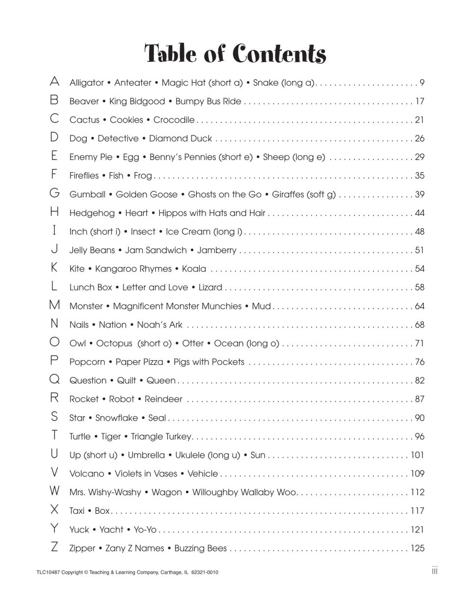 Table of contents listing A to Z letter lessons such as Alligator, Beaver and Cactus, plus short and long vowel lessons