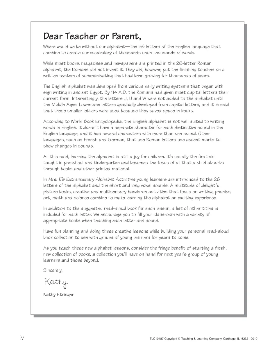 Dear Teacher or Parent letter from Kathy Etringer on the history of the English alphabet and the read-aloud book approach