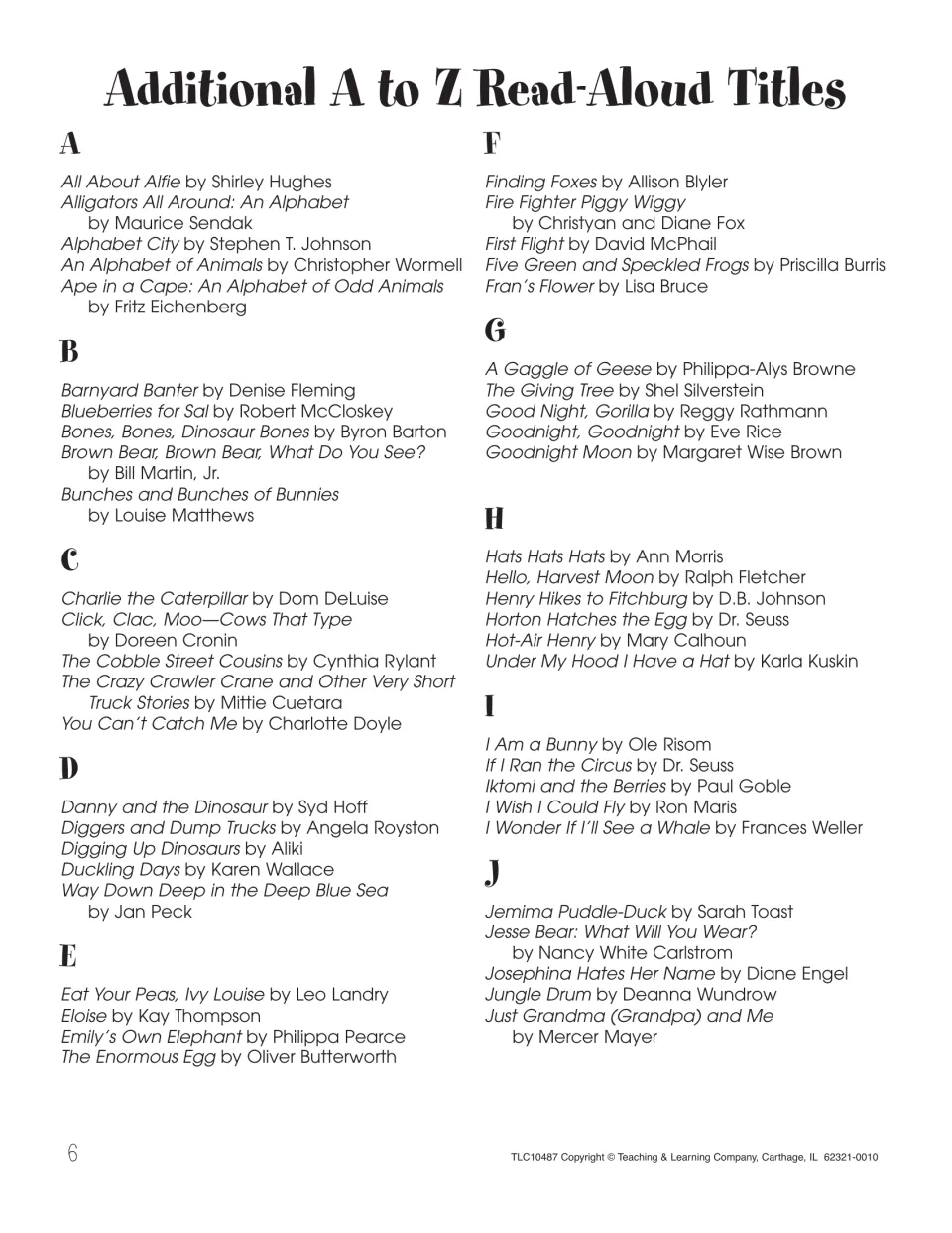 Additional A to Z Read-Aloud Titles for letters A to J: picture books such as Alphabet City and Goodnight Moon