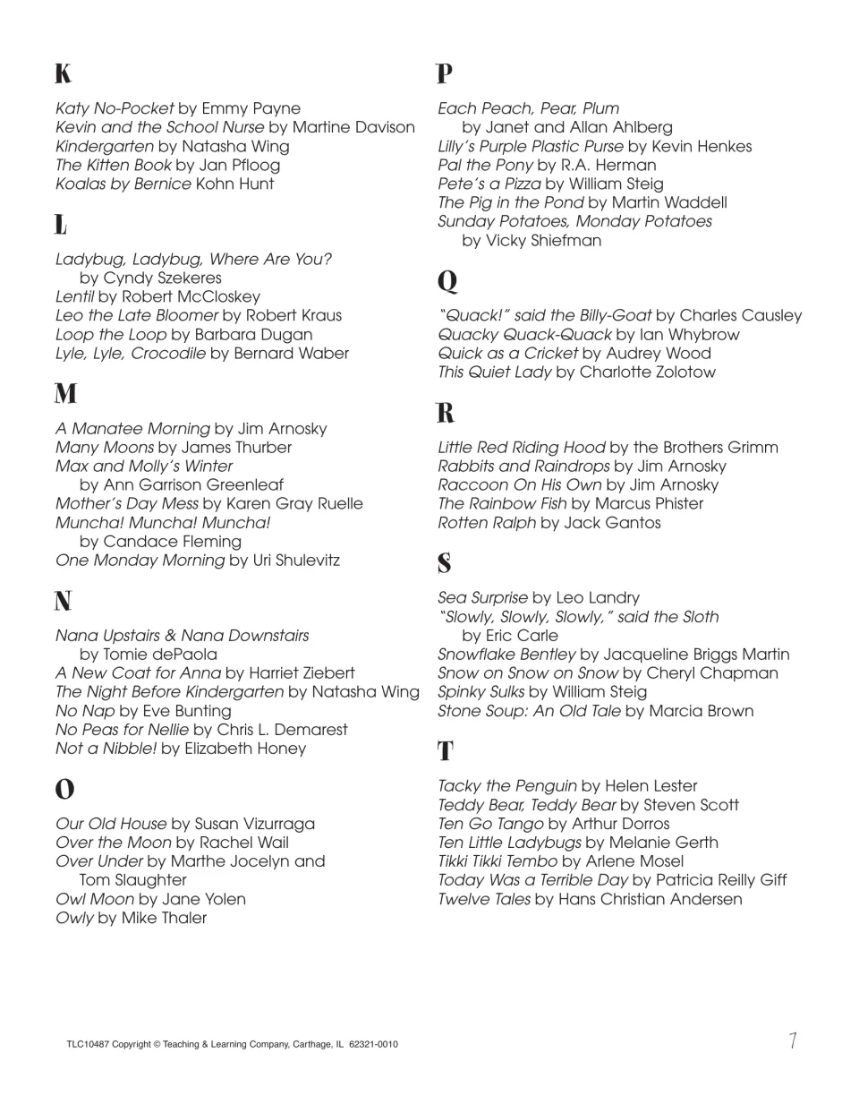 Read-aloud list continued for letters K to T, including Owl Moon, The Rainbow Fish and Tikki Tikki Tembo