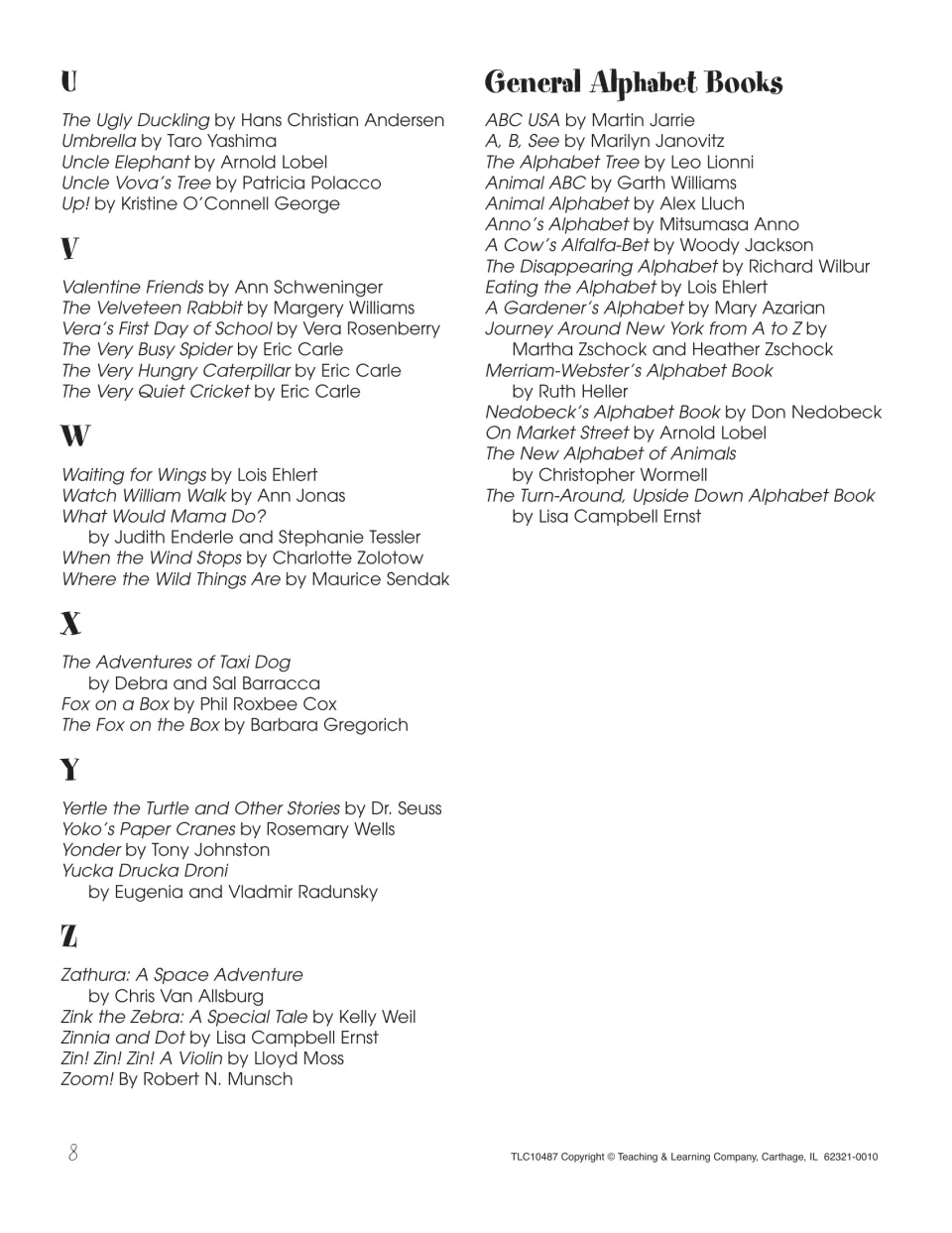 Read-aloud titles for U to Z plus a General Alphabet Books list, including Eating the Alphabet and The Alphabet Tree