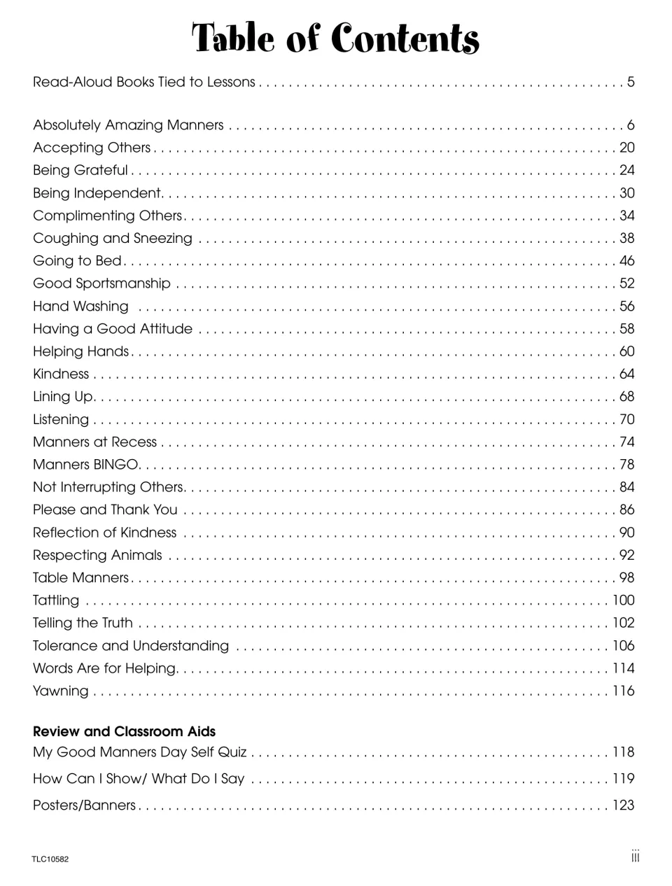 Table of contents listing manners lessons, a good manners self quiz, classroom aids, and posters or banners
