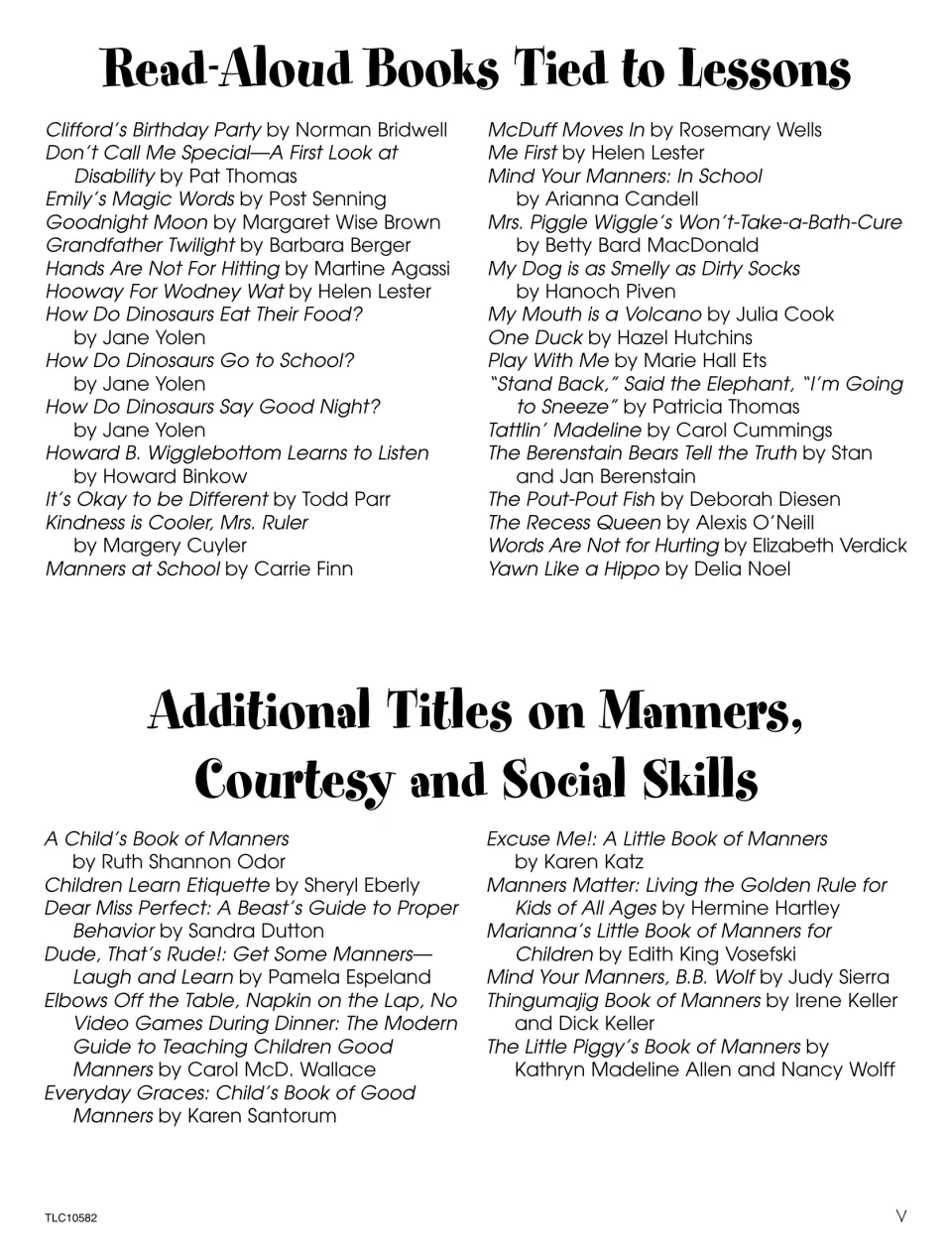 Read-aloud book list tied to the lessons, followed by additional titles on manners, courtesy, and social skills