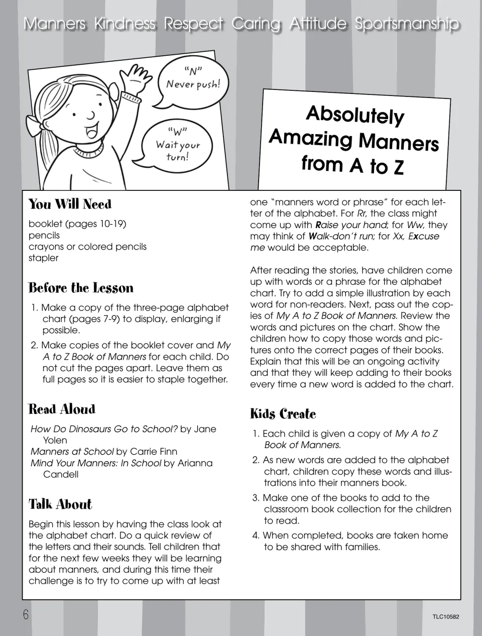 A-to-Z manners lesson directing children to add manners words and illustrations to a chart and personal booklet