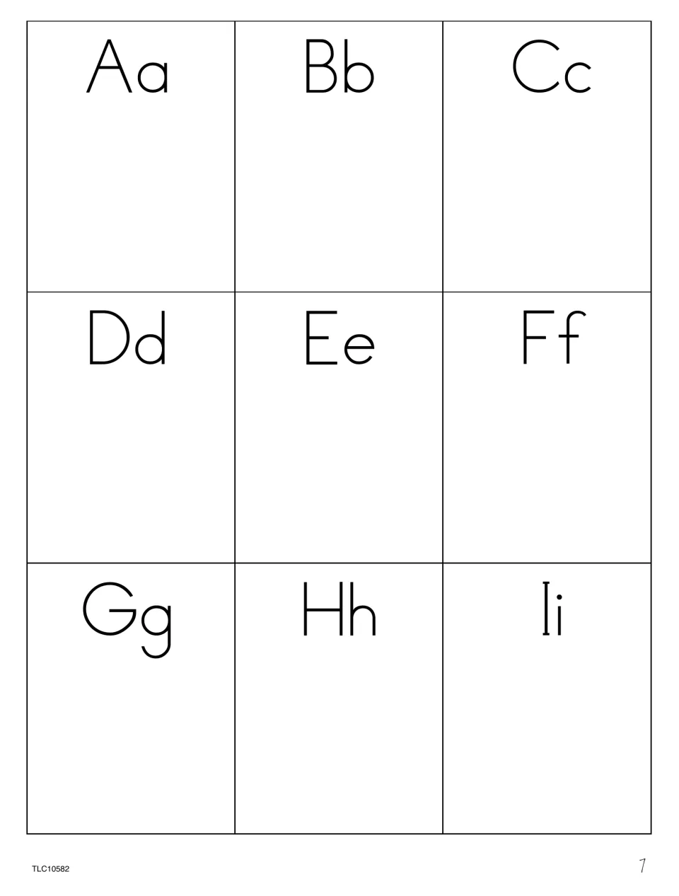 Manners alphabet chart for adding words and illustrations, showing uppercase and lowercase letters A through I