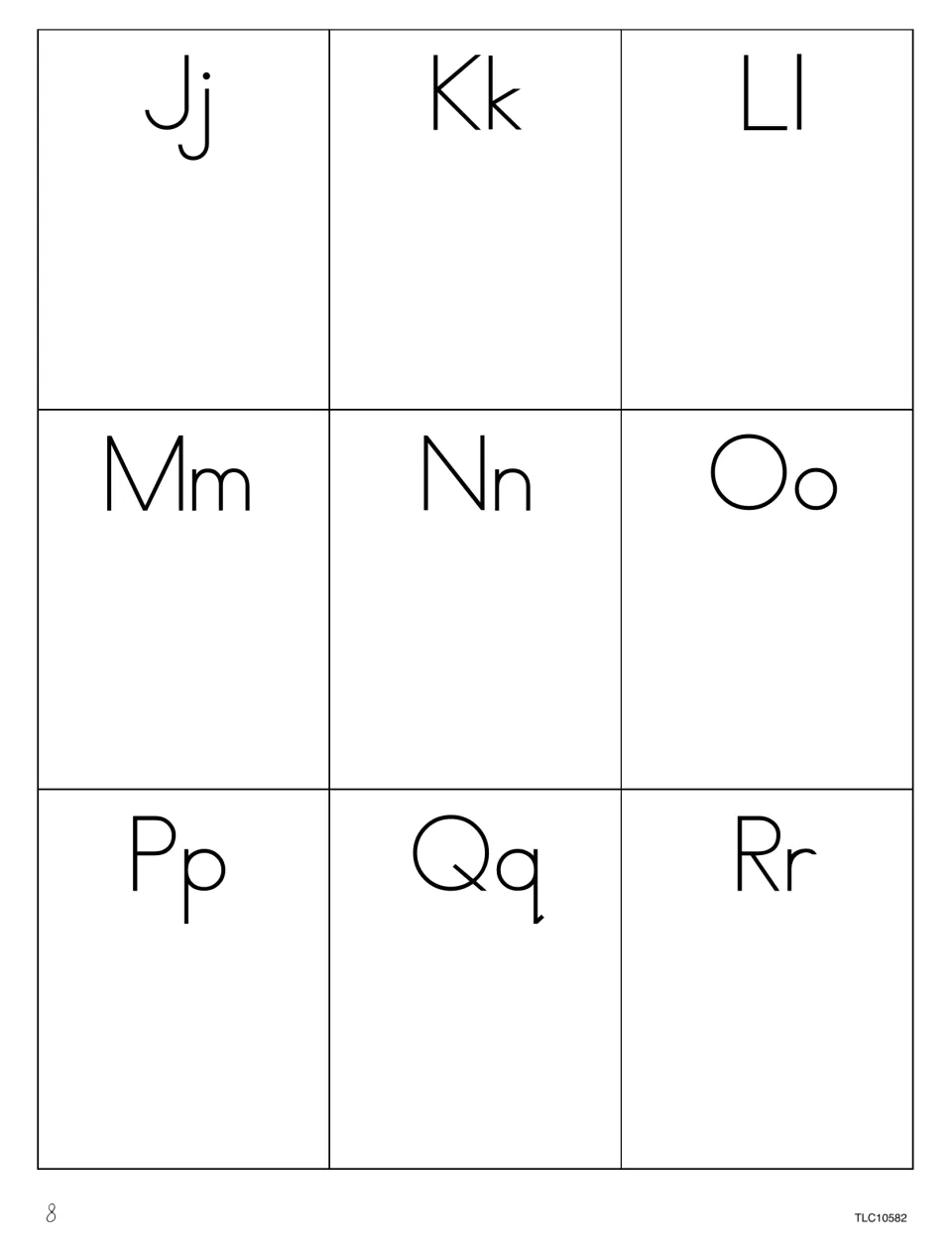 Manners alphabet chart for adding words and illustrations, showing uppercase and lowercase letters J through R