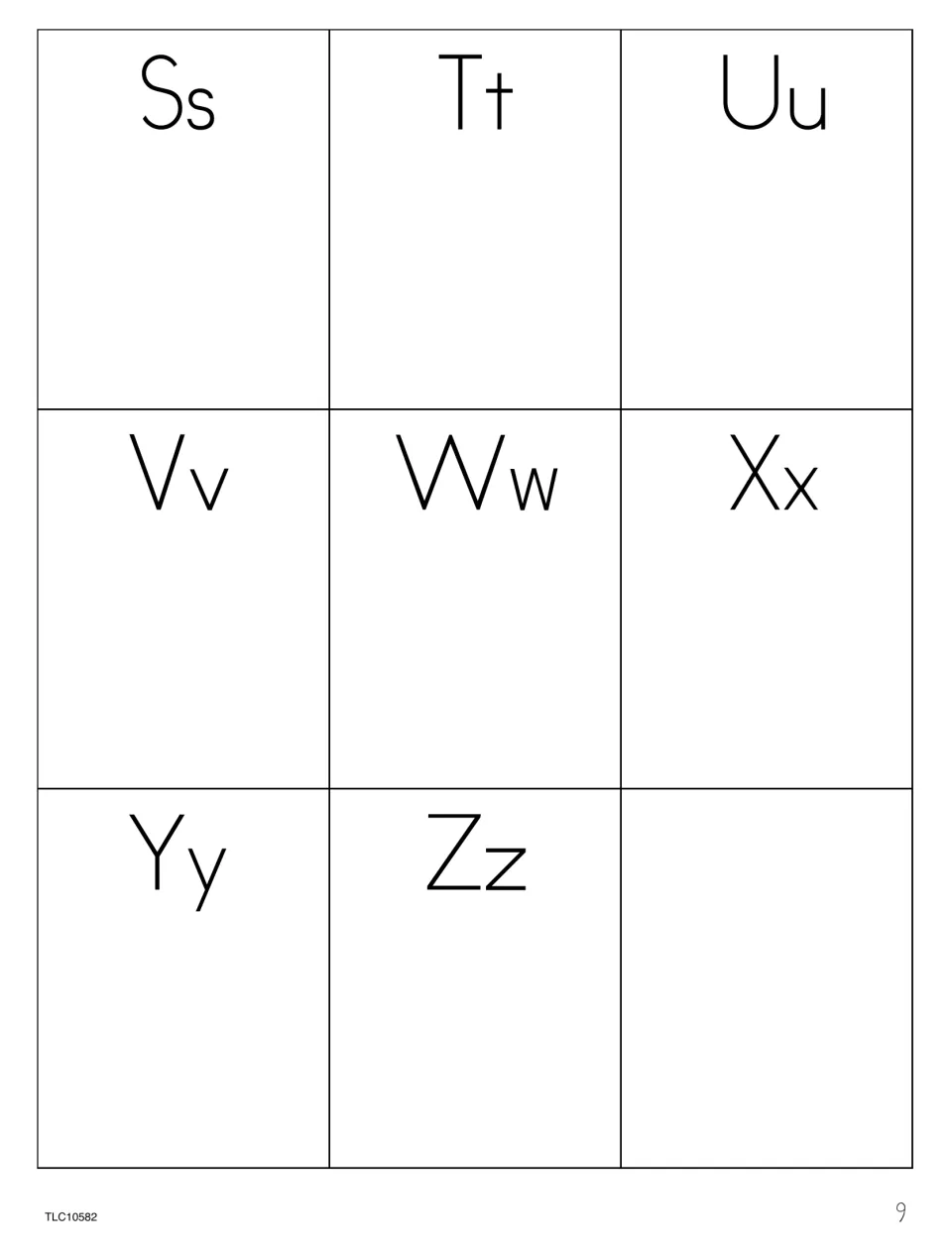 Manners alphabet chart for adding words and illustrations, showing uppercase and lowercase letters S through Z