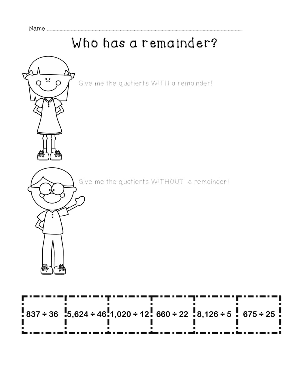 Who has a remainder? in black and white: students solve 837 ÷ 36, 660 ÷ 22 and more, sorting by remainder or none