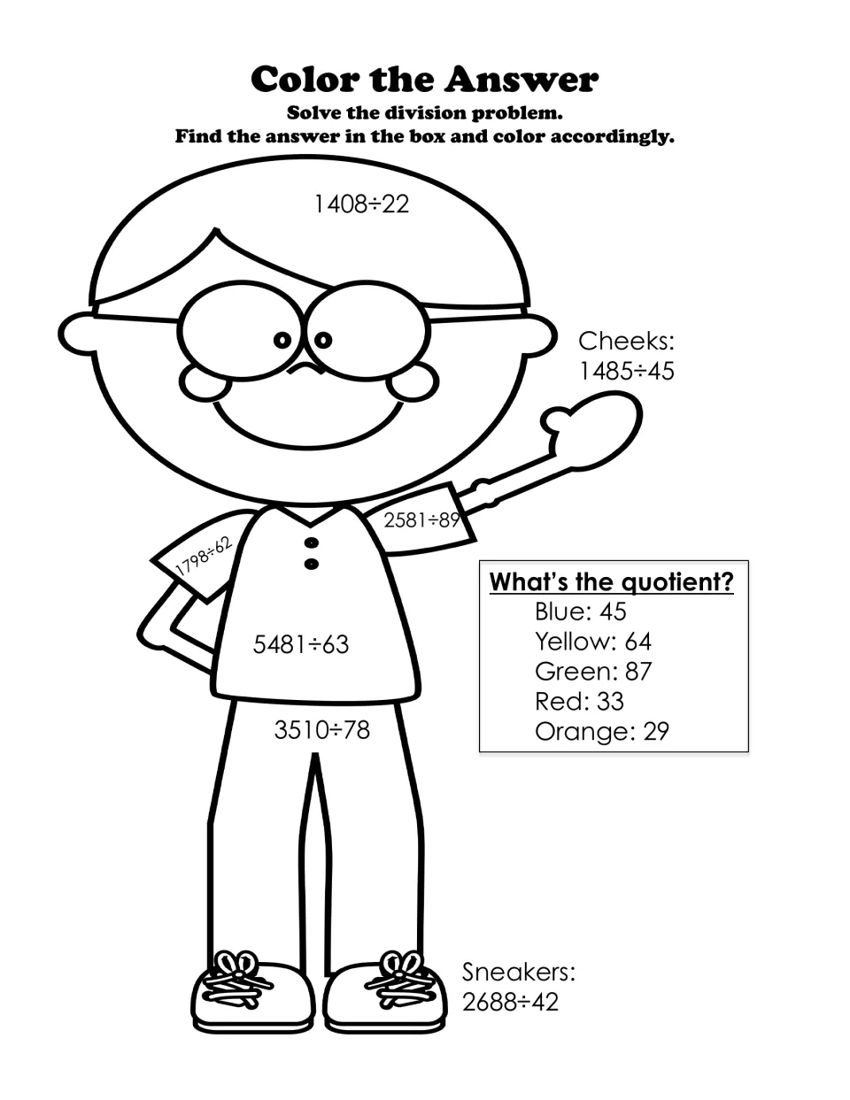 Color the Answer: students solve problems like 1408 ÷ 22 on a boy drawing and color each part by its quotient