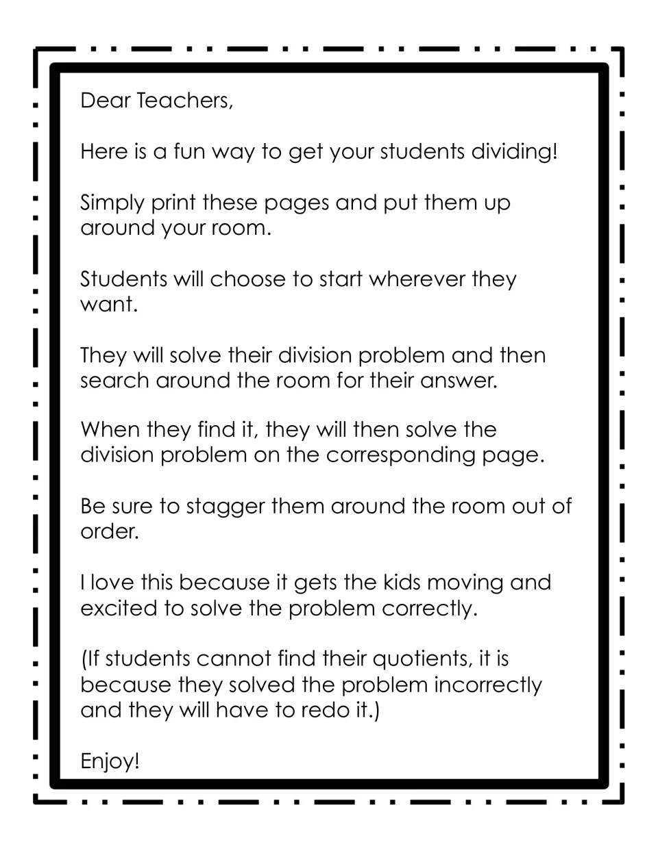 Dear Teachers note on a division room hunt: post the pages, solve a problem, then find its quotient on another page