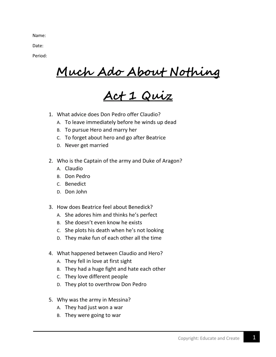 Much Ado About Nothing Act 1 Quiz: students answer multiple-choice questions 1-5 on Don Pedro, Claudio, Hero and Beatrice