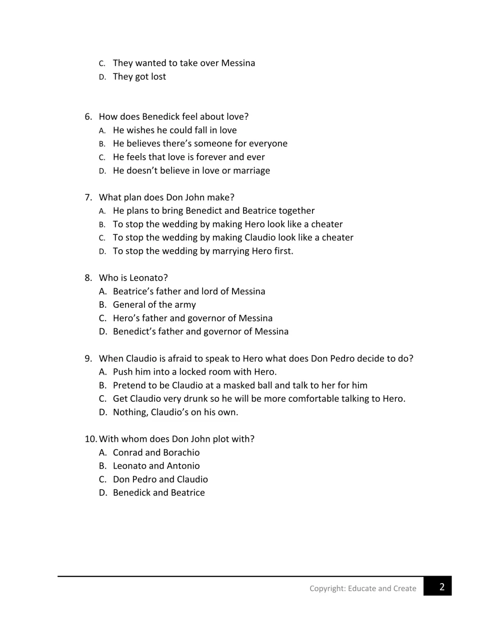 Act 1 multiple-choice questions 6-10 on Benedick's view of love, Don John's plot, Leonato and the masked ball plan