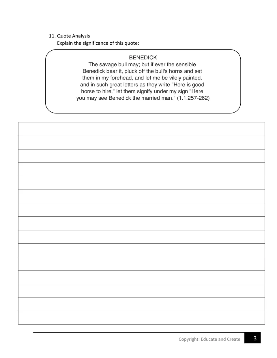 Quote analysis 11: students explain the significance of Benedick's 'savage bull' speech about marriage (1.1.257-262)