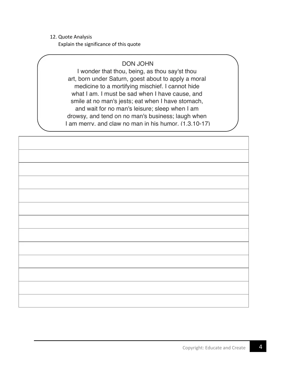 Quote analysis 12: students explain the significance of Don John's 'I cannot hide what I am' speech (1.3.10-17)