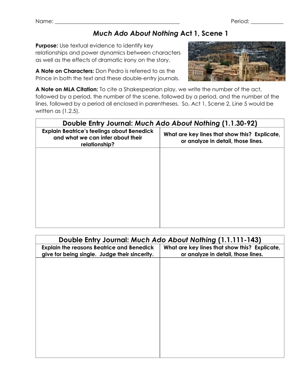 Much Ado Act 1.1 journals: students cite key lines on Beatrice's view of Benedick and why both stay single