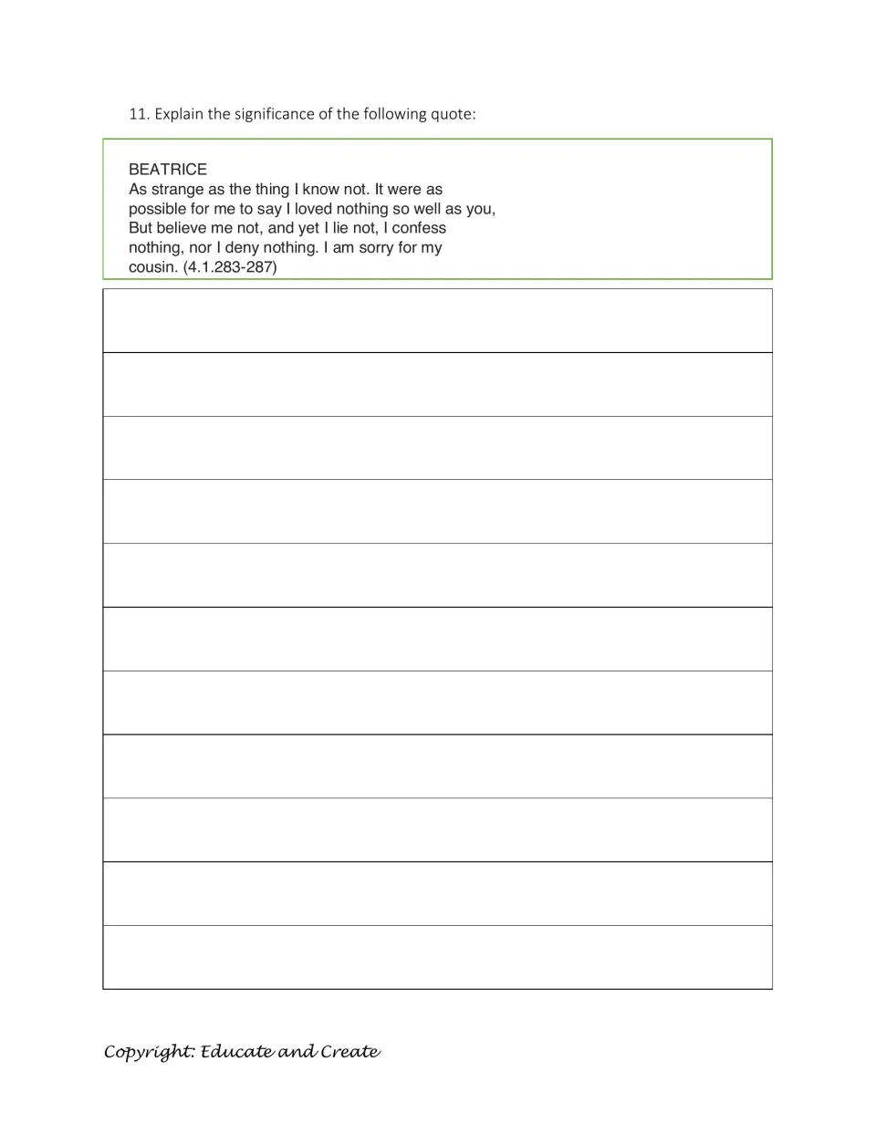 Quote analysis, question 11: students explain the significance of Beatrice's lines to Benedick, 4.1.283-287