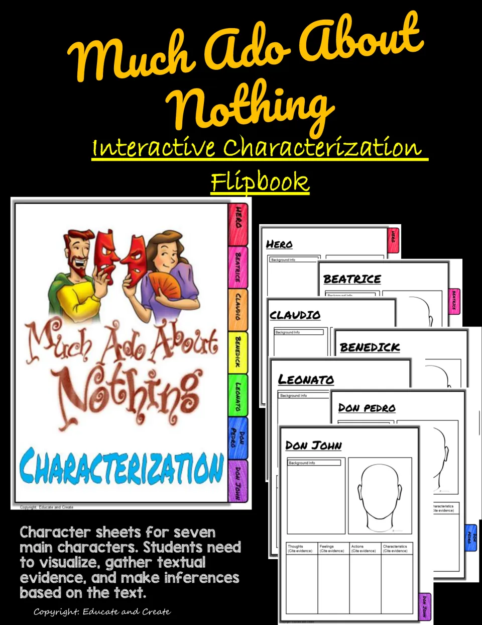Much Ado About Nothing characterization flipbook cover showing tabbed character sheets for seven main characters
