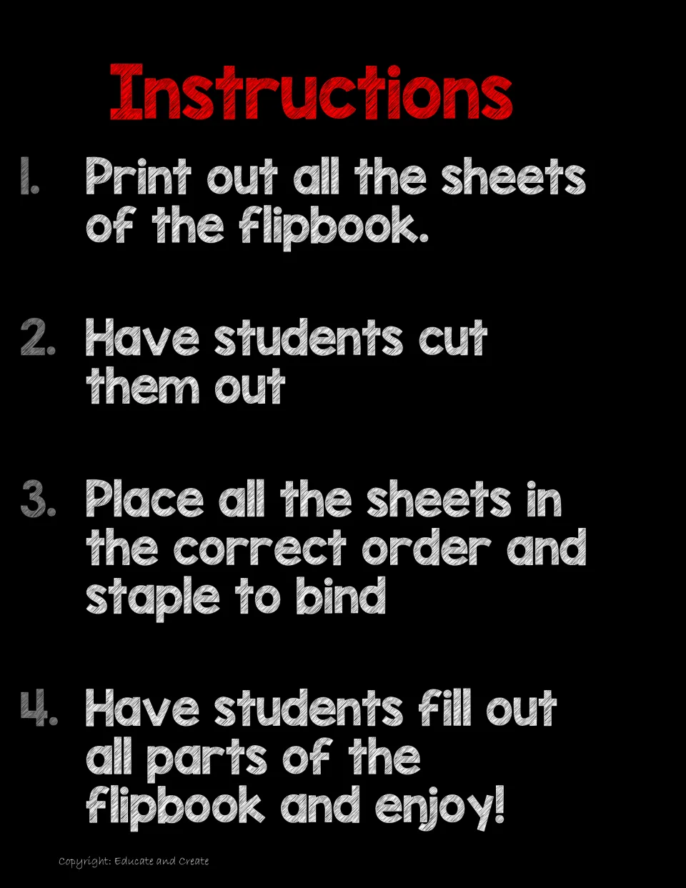 Flipbook assembly steps: print all sheets, students cut them out, order and staple them, then fill out every part
