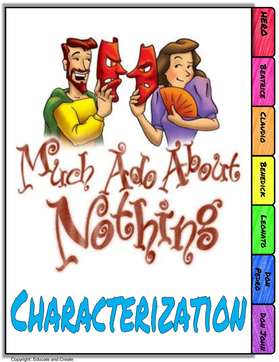 Flipbook front sheet: two cartoon figures holding masks, the word Characterization and name tabs from Hero to Don John
