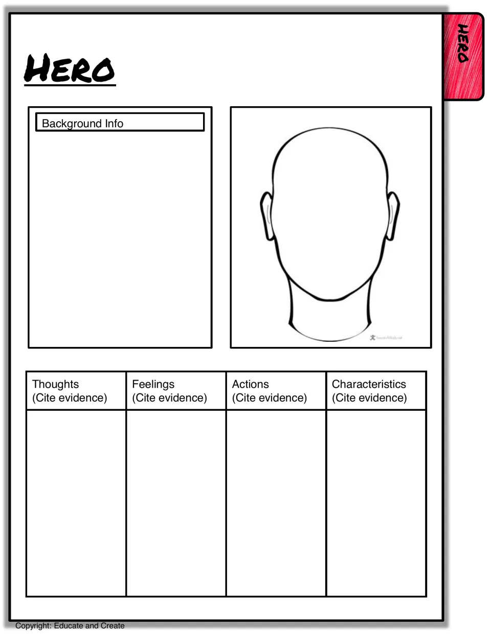 Hero character sheet: students add background info, draw her face and cite evidence for thoughts, feelings and actions