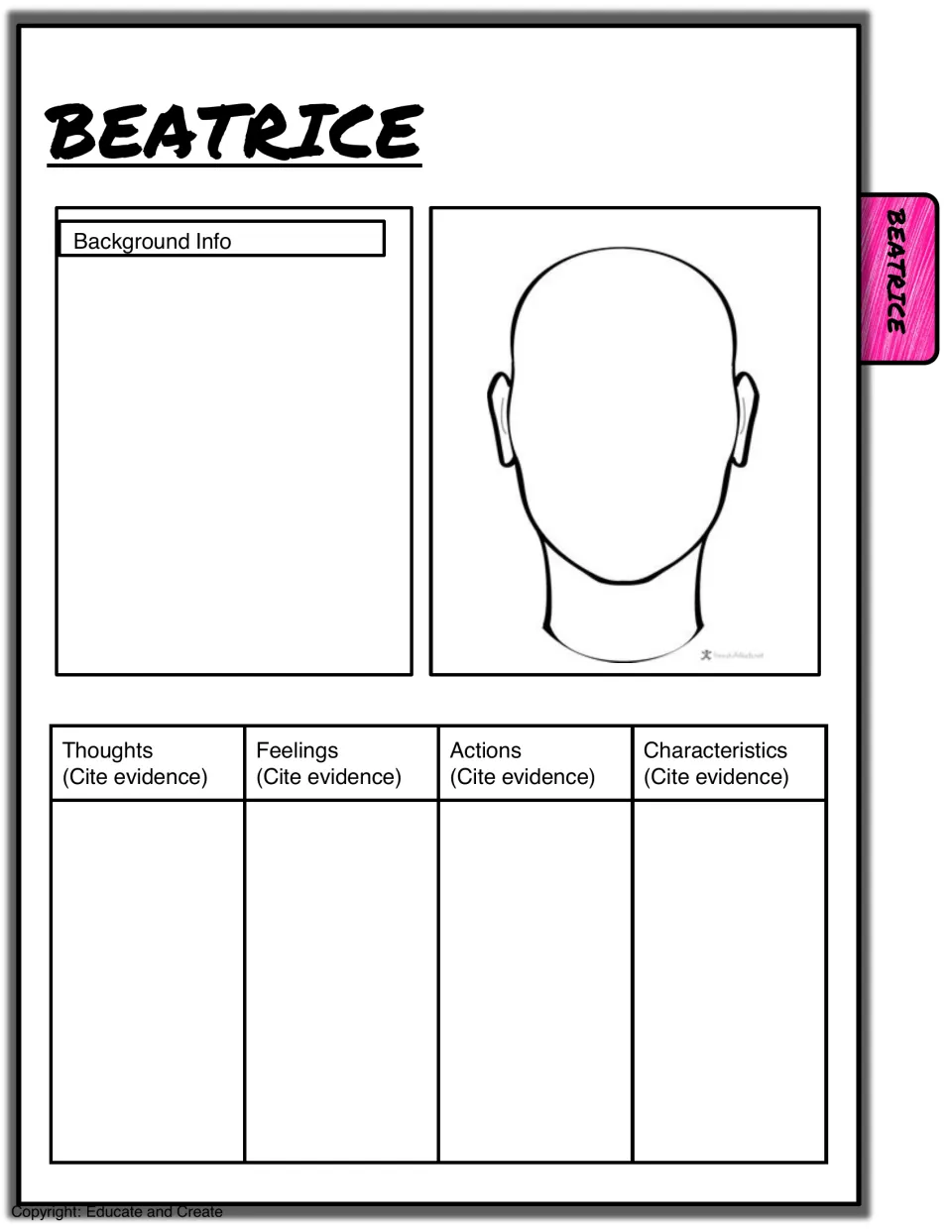Beatrice character sheet: students record background info, sketch her face and cite textual evidence for her traits