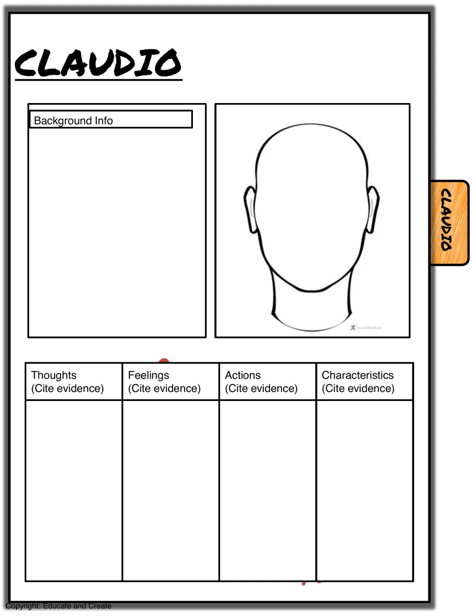 Claudio character sheet: students note his background, draw him and quote lines showing his thoughts and feelings