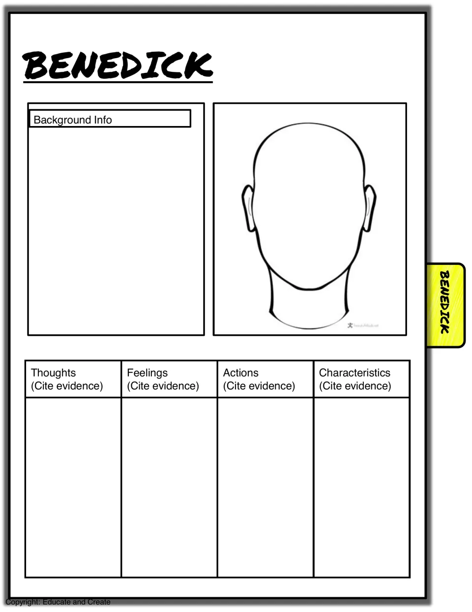 Benedick character sheet: students gather background facts, picture him and cite evidence of his actions and character