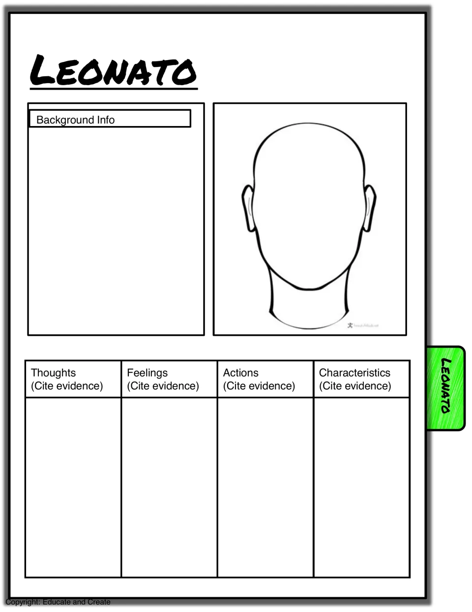 Leonato character sheet: students summarize his background, draw his face and infer his traits from cited lines