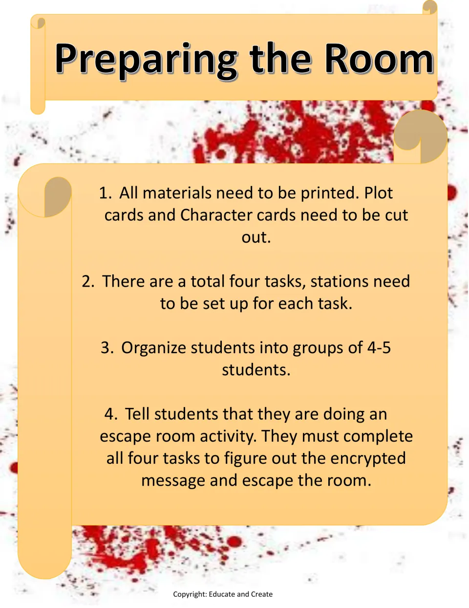 Preparing the Room: four setup steps to print and cut cards, set up four task stations and form groups of 4-5 students