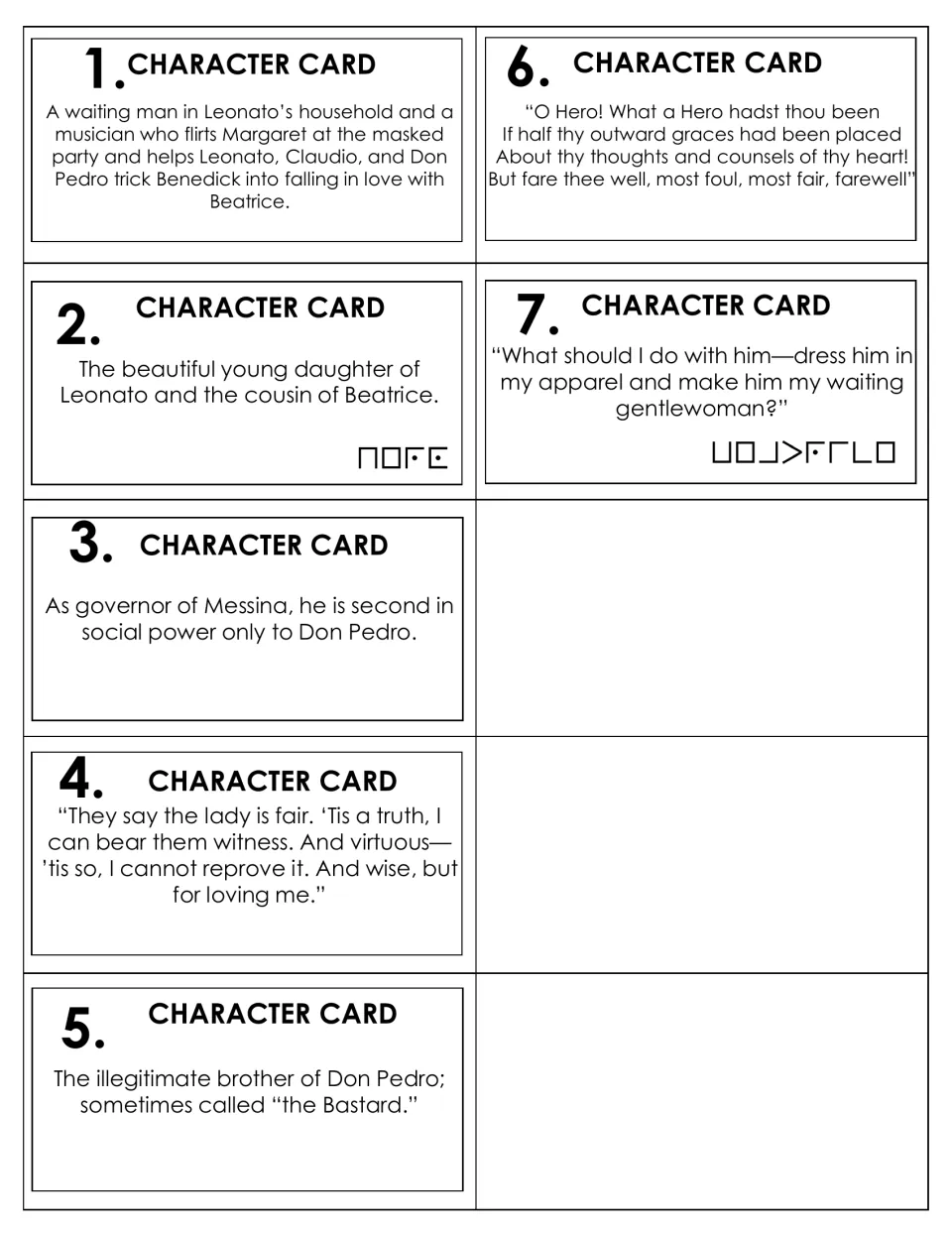 Seven character cards with clues and quotations; students name each one, such as Hero or Don John, for the character map