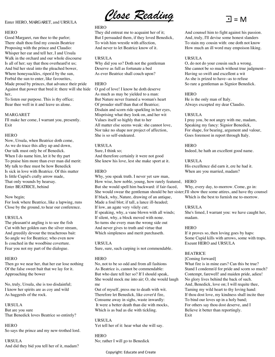 Close Reading passage: Hero and Ursula stage a talk about Benedick's love while Beatrice hides and overhears