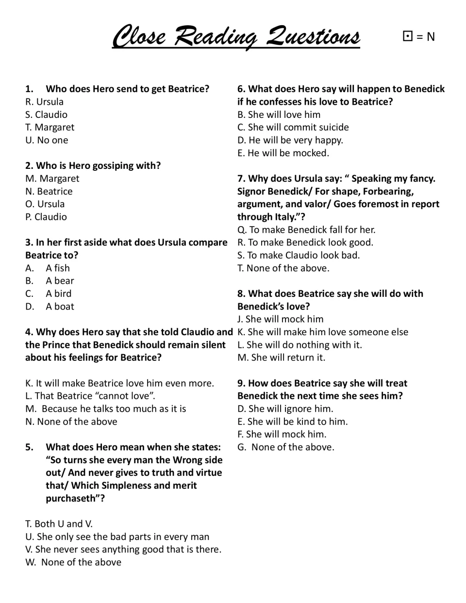 Close Reading Questions: nine multiple-choice items on Hero, Ursula and Beatrice; answer letters spell the code word