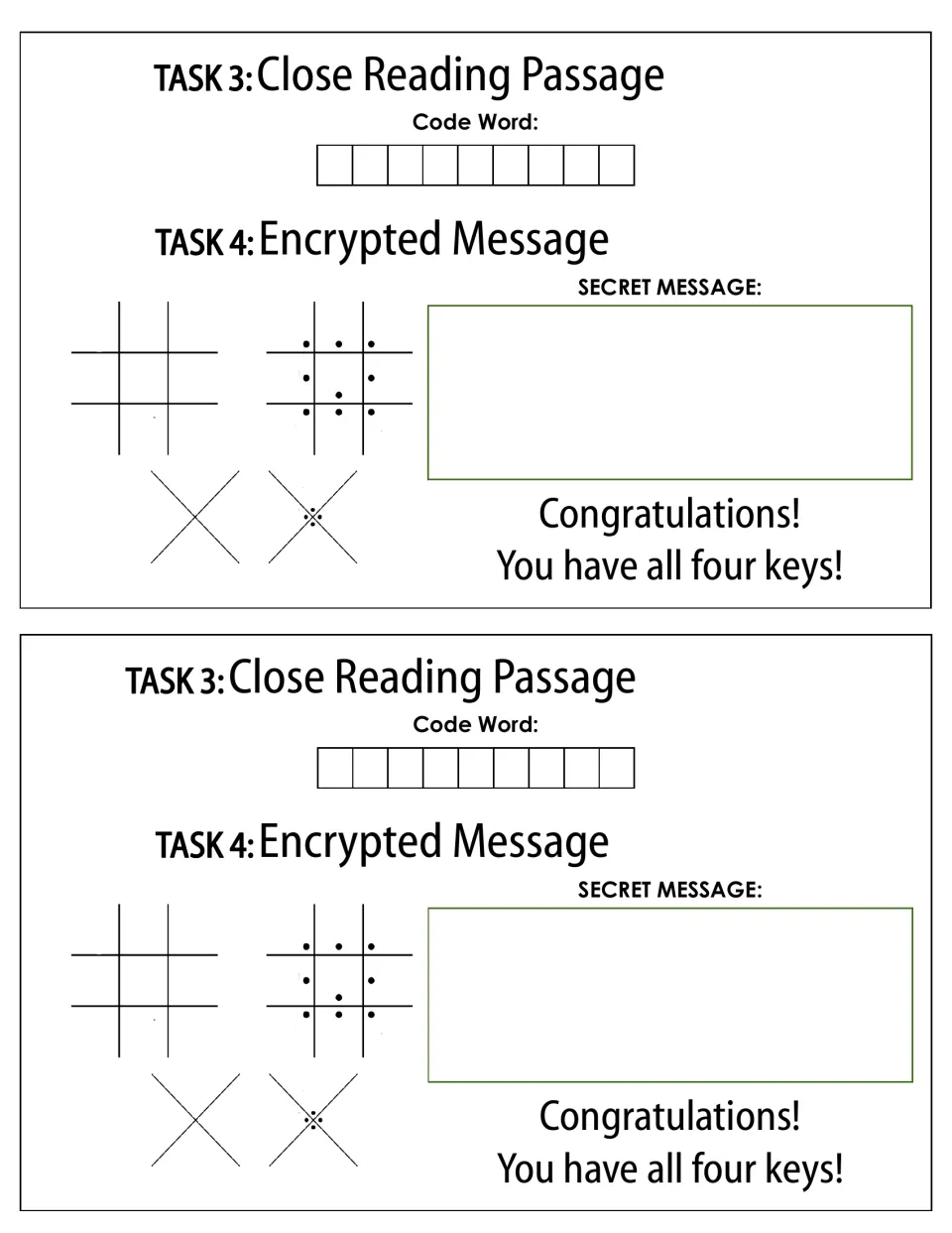 Task 3 and 4 answer slips: groups write the code word and secret message, using the pigpen cipher key shown