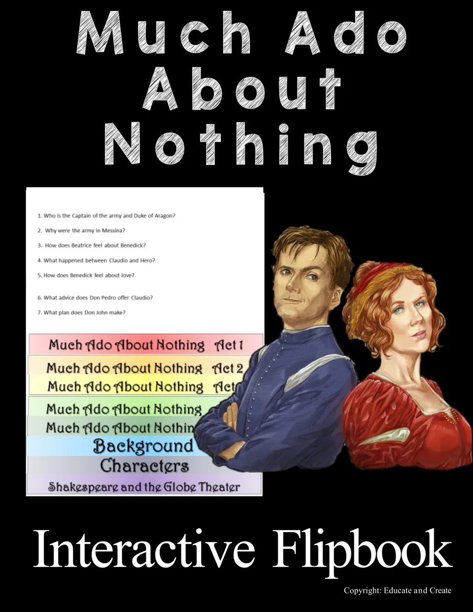 Much Ado About Nothing Interactive Flipbook cover showing act question flaps, Background, Characters and Globe Theater tabs