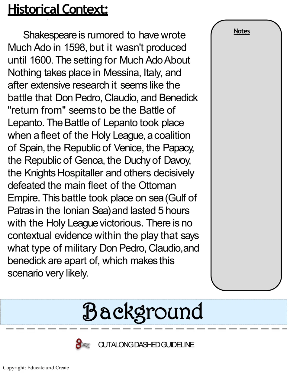 Historical context: the play's 1598-1600 dating, Messina setting and the Battle of Lepanto, with space for notes
