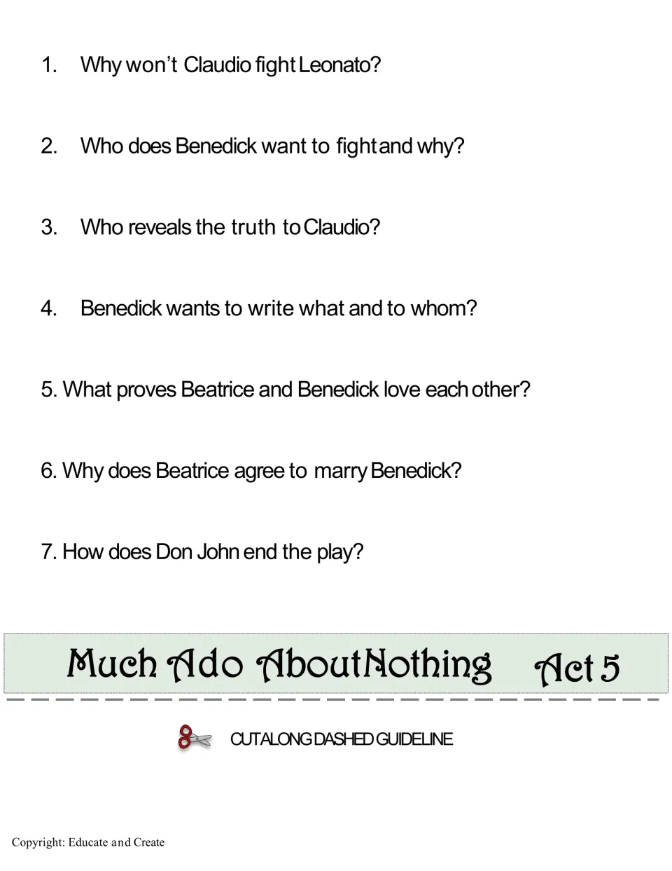 Act 5 comprehension questions: students explain Claudio and Leonato, Benedick's sonnet, the marriage and Don John's fate
