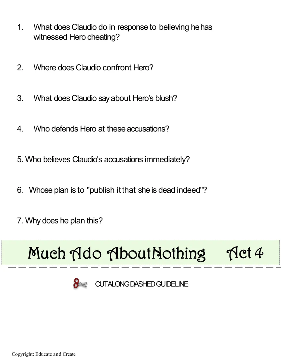 Act 4 comprehension questions on Claudio shaming Hero at the church, who defends her and the Friar's plan to fake her death